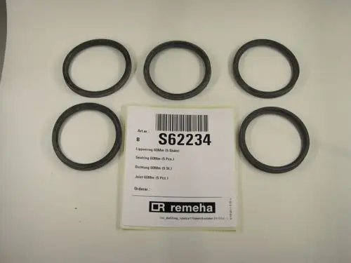 Sechs schwarze Dichtungsringe liegen auf einem hellen Untergrund, daneben ein Etikett mit der Marke Remeha und Artikelnummer S62234.